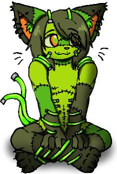 a sitting cat, whose green and stitched together. the webmaster's fursona.
